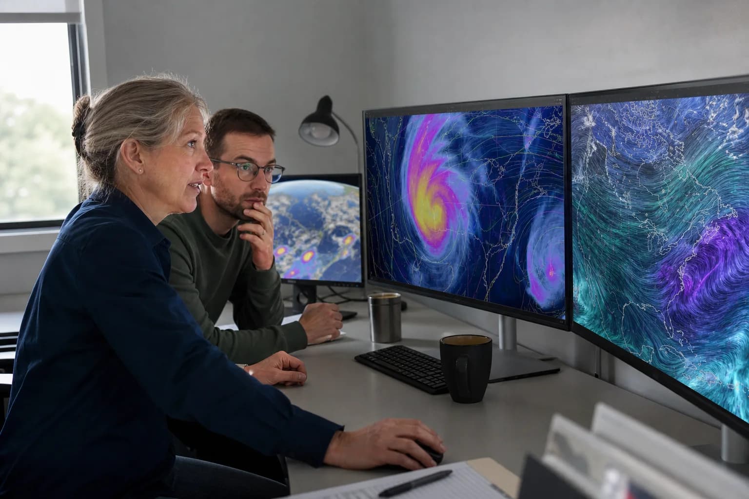 Two scientific professionals reviewing meteorological and geospatial data at a multi-monitor workstation